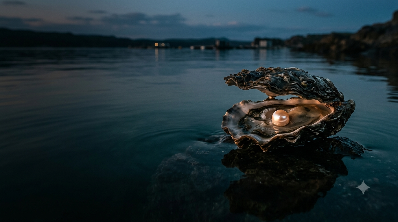 Pearl oyster held above dark water, catching soft light.